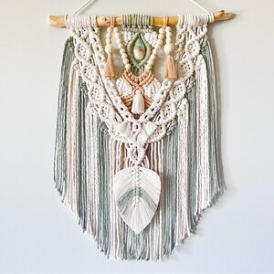 Boho macrame wall hanging with natural gemstone and tassels